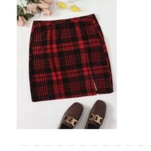 SHEIN Red and Black Plaid Pencil Skirt